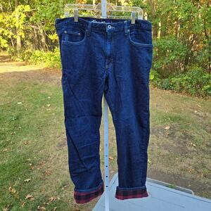 Eddie Bauer Men's Flannel Lined Jeans Straight Dark Wash Red Plaid Lining sz 36